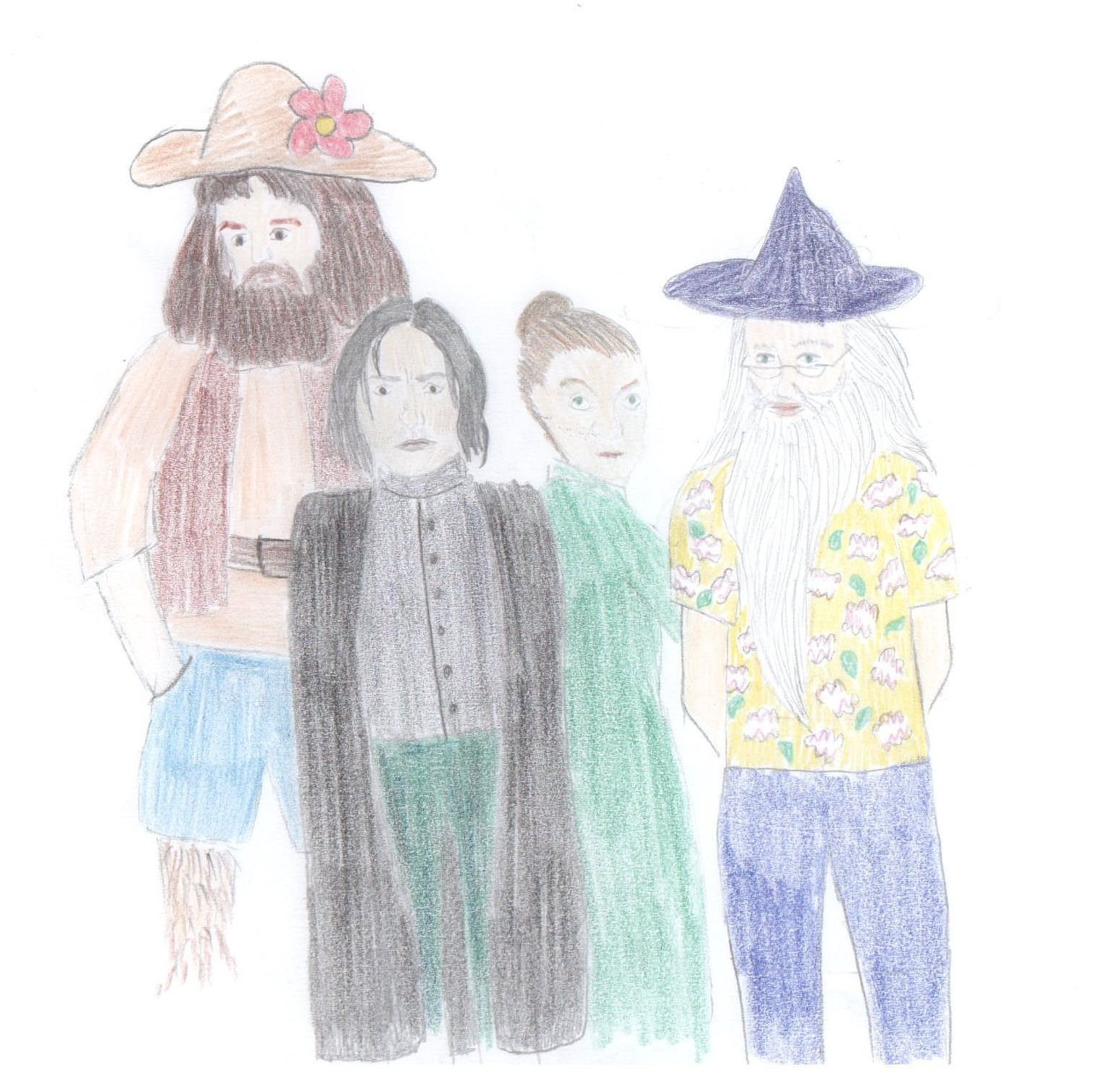 Es sind von links nach rechts die vier Lehrer Hagrid, Snape, McGonagall und Dumbledore zu sehen. Hagrid trägt ein hellbraunes Hemd mit kurzen Ärmlen und einer dunkelbraunen Weste darüber. Außerdem eine knielange grüne Hose und einen hellbraunen Hut mit einer rosafarbenen Blume an der Krempe. Snape ist wie eh und je in sein schwarzes Hemd, Hose und Umhang gehüllt. McGongall trägt ein langes grünes Kleid und Dumbledore eine lange blaue Hose, ein gelbes Hawaiihemd mit grünen und weiß-roten Mustern darauf und einen spitzen, dunkelfarbigen Hut.