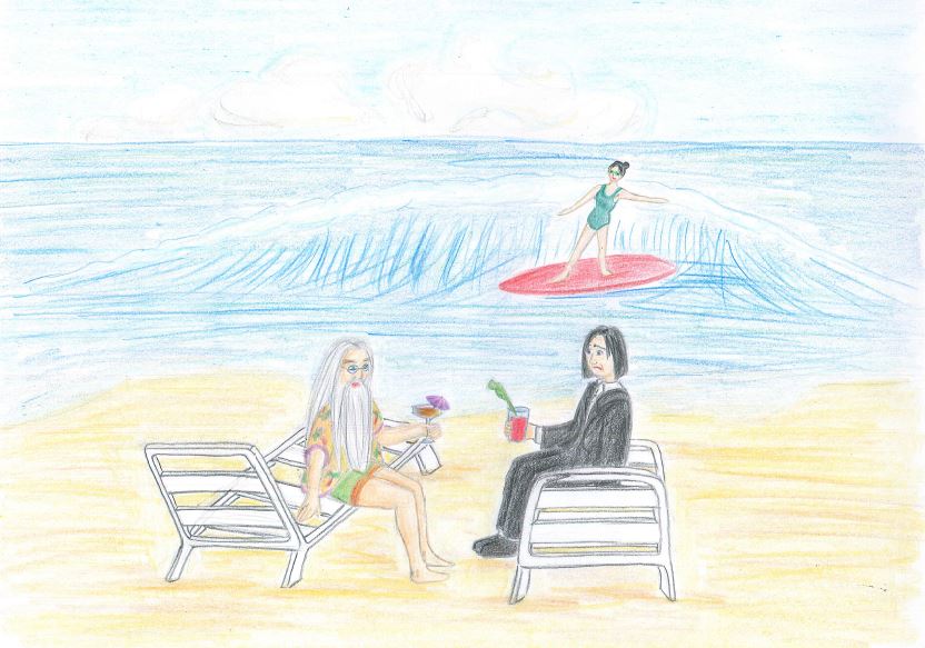 Dumbledore und Snape sitzen auf zwei Liegestühlen am Strand. Snape in seiner üblichen schwarzen Kleidung mit einer 'Bloody Mary' inklusive Selleriestange in der Hand, Dumbledore in einem gelben Hawaii-Hemd mit Ananassen drauf und kurzen, knall grünen Shorts mit einem bunten Cocktail mit lila Schirmchen in der Hand. Vor einem hellblauen Himmel surf McGonagall in einem grünen Badeanzug auf einem roten Surfbrett auf einer Welle, die im Begriff ist zu brechen.