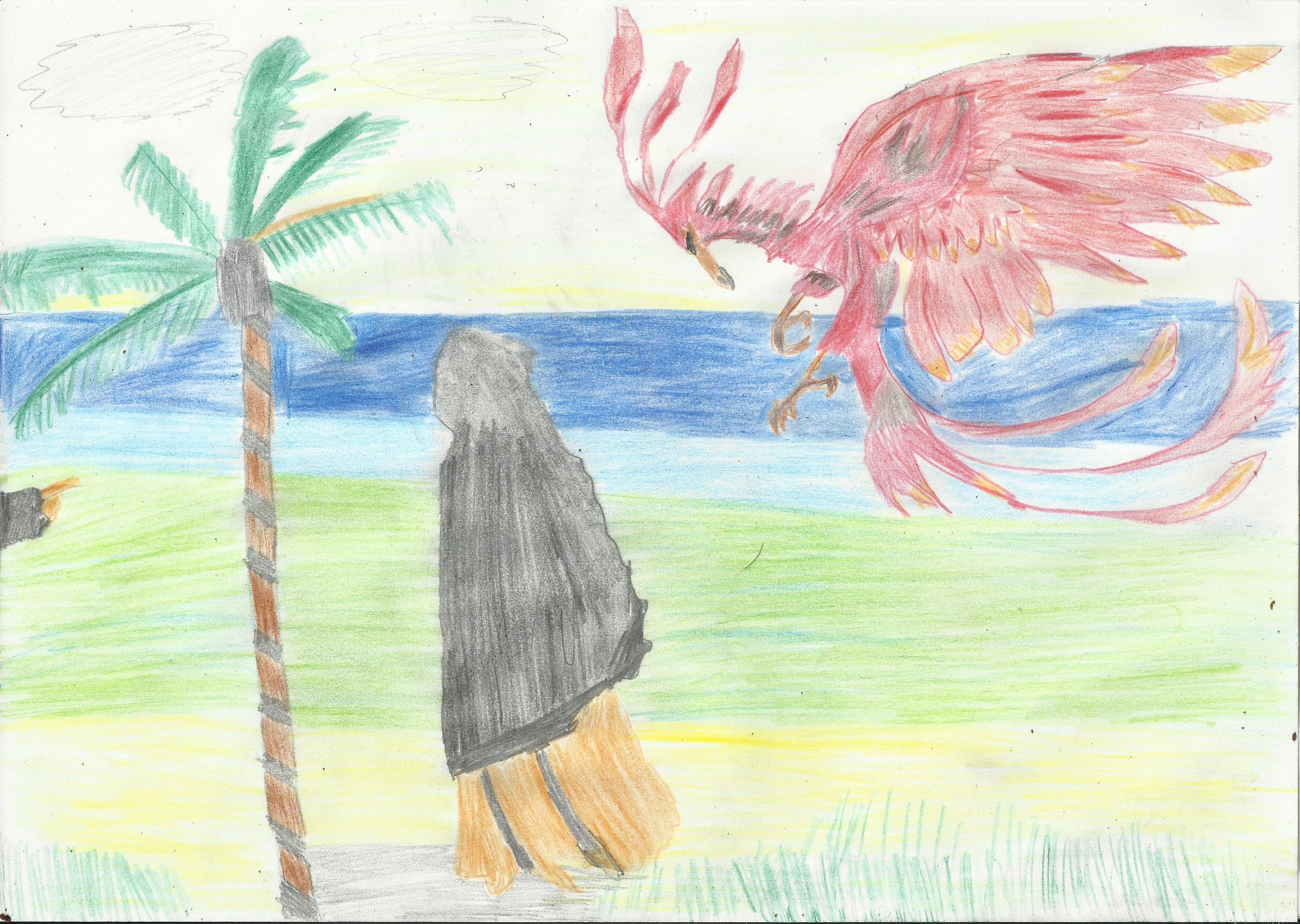 Vor einem leuchtenden Himmel, der in einen strahlend blauen Fluss übergeht, steht links am Wegesrand eine hohe Palme. Von rechts senkt sich ein großer, rot-gelber Phönix aus dem Flug herab auf eine schwarz gekleidete Person.