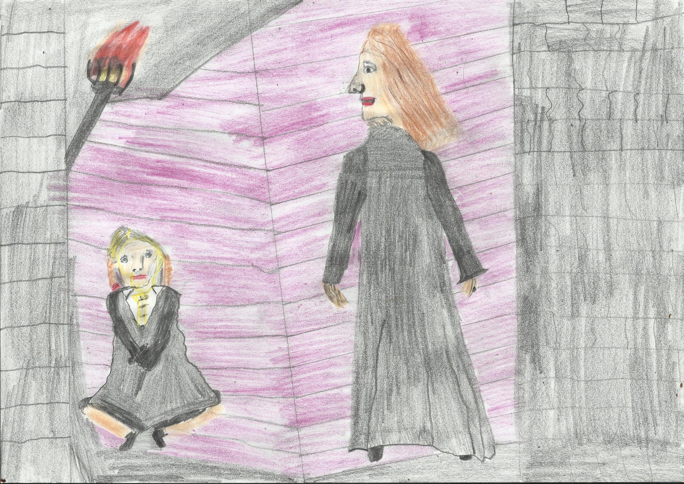 Das Bild zeigt Hermine in einem der Schulgänge. Unter einem Bogengang in eine Ecke gekauert entdeckt sie eine jüngere Schülerin aus Hufflepuff.