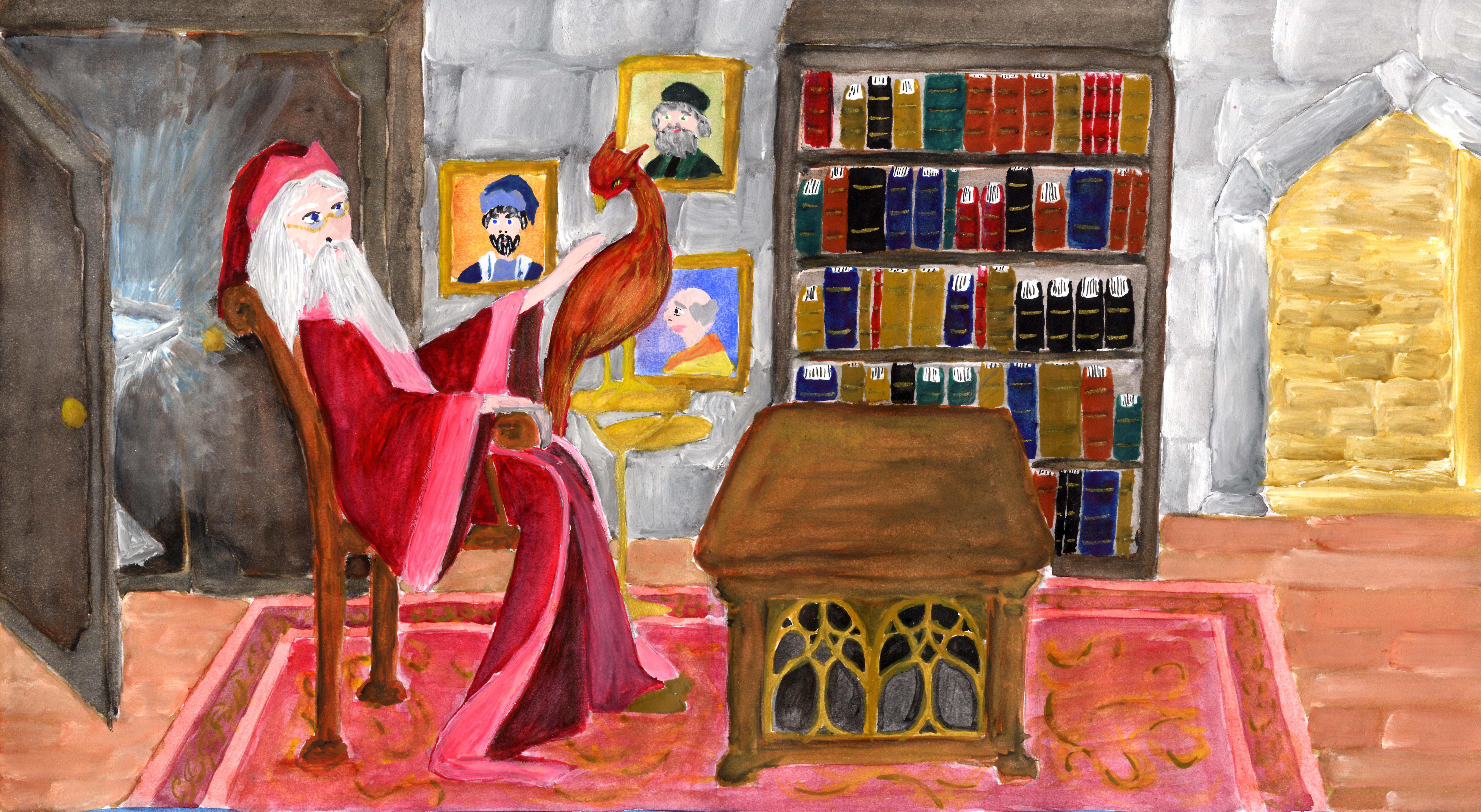Dumbledore sitzt in seinem Büro hinter dem Schreibtisch. Er streichelt Fawkes über den Rücken, der auf einer Stange neben ihm sitzt. Hinter ihm ist der Schrank mit dem Denkarium leicht geöffnet und ein heller Schimmer dringt in den Raum hinein. An der Wand hängen einige Portäts vergangener Schulleiter und daneben steht ein Regal vollgestellt mit Büchern.