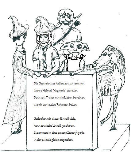 Es ist eine Statue aus weißem Mamor zu sehen. Ein junger Mann in Hogwartsuniform, eine junge Frau in derselbigen, ein Zentaur und ein Hauself bilden einen Halbkreis und halten ihre Hände in die Mitte. Ein Thestral lugte an der Seite des Elfen vorbei nach vorne. Die Hände liegen auf einer Tafel, die senkrecht steht, so dass jeder das dort Geschriebene lesen kann.