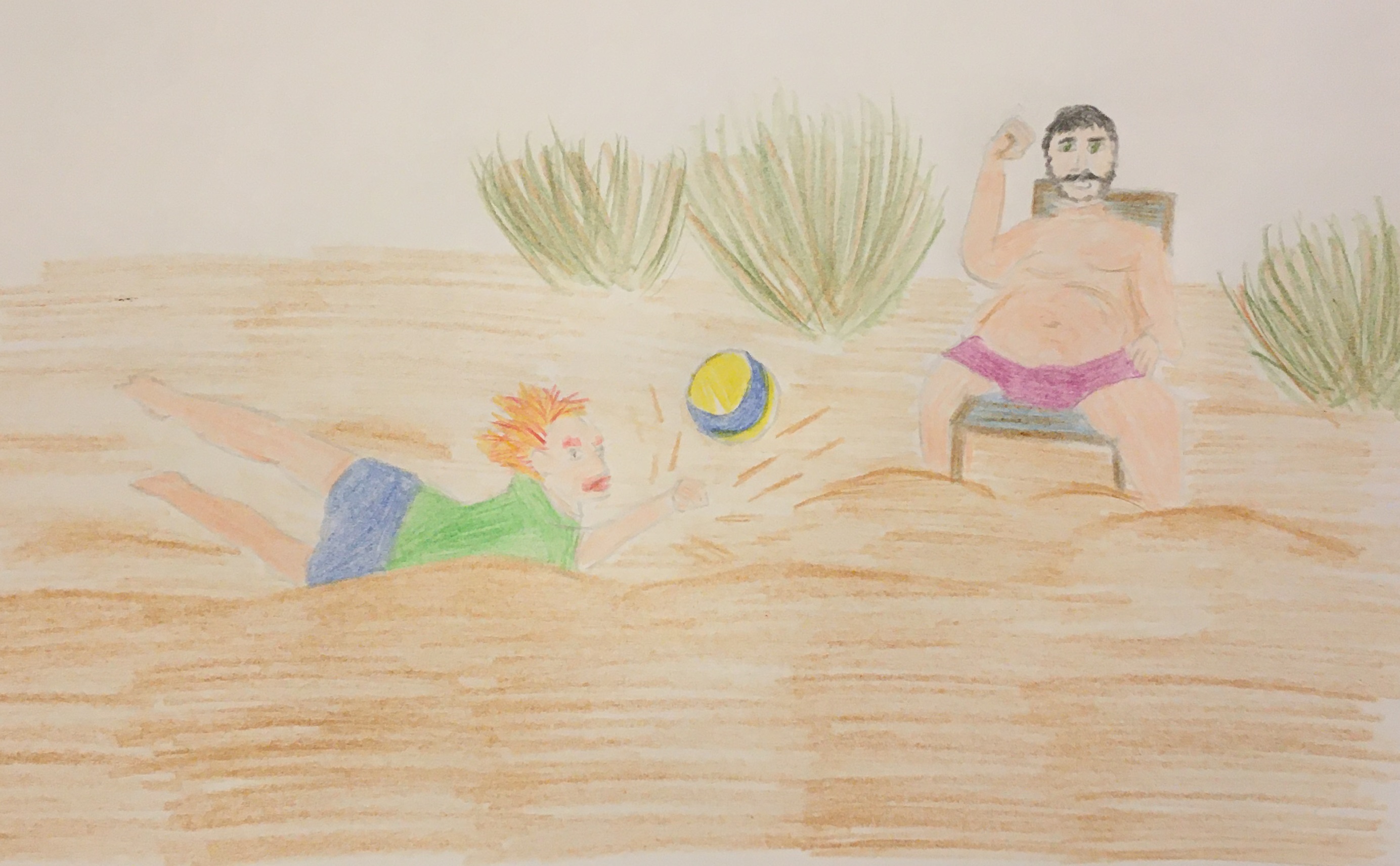 George, in blauen Shorts und grünem T-shirt, schmeißt sich längs in den Sand, um mit einer Hand noch den blau-gelben Beachvolleyball hochzuspielen. Dabei fliegt eine Menge Sand in die Luft. Ein dicker Muggel mit schwarzern Haaren und Schnurrbart in lila Badehose, der daneben auf einem Liegestuhl sitzt, erhebt erbost die Faust.