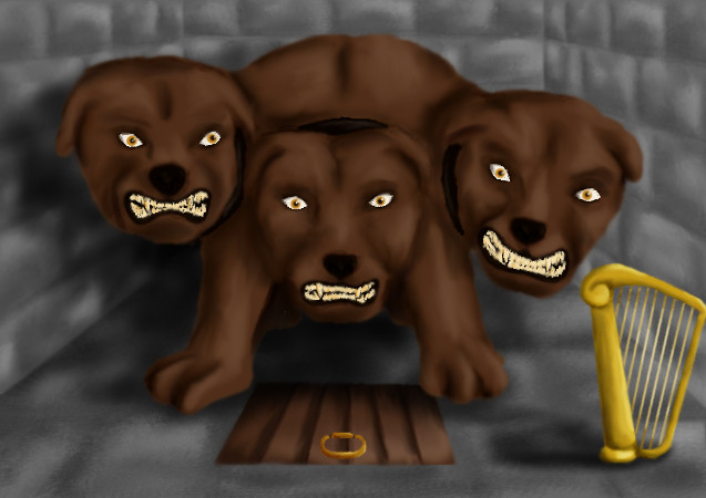 Du hast die verschlossene Tür zum Raum im 3. Stock des Ostflügels geöffnet, doch jetzt solltest du schnell handeln: vor dir steht ein riesiger dreiköpfiger Hund, der dich mit allen seinen Köpfen wütend anknurrt. Zu seinen Füßen entdeckst du eine Falltür und rechts neben ihm eine Harfe.